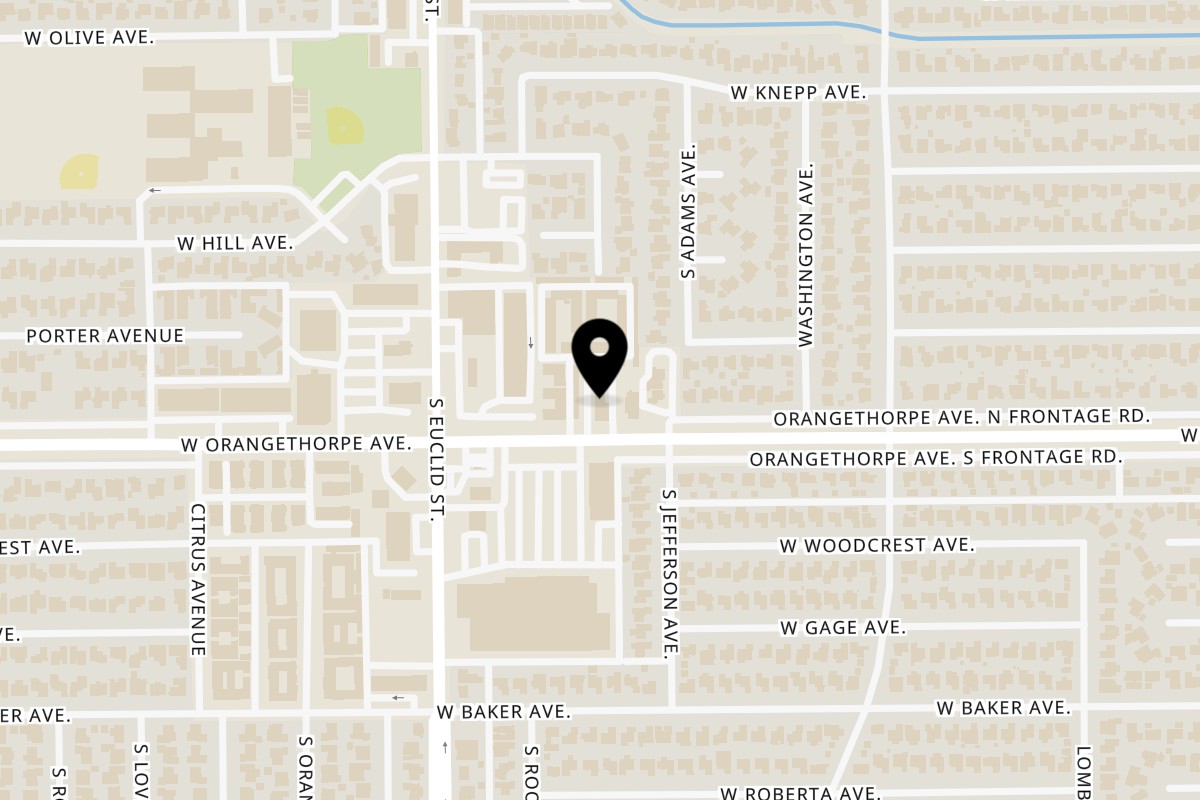 Map showing the location of Café Cultura Fullerton on 907 W Orangethorpe Ave #102 in Fullerton